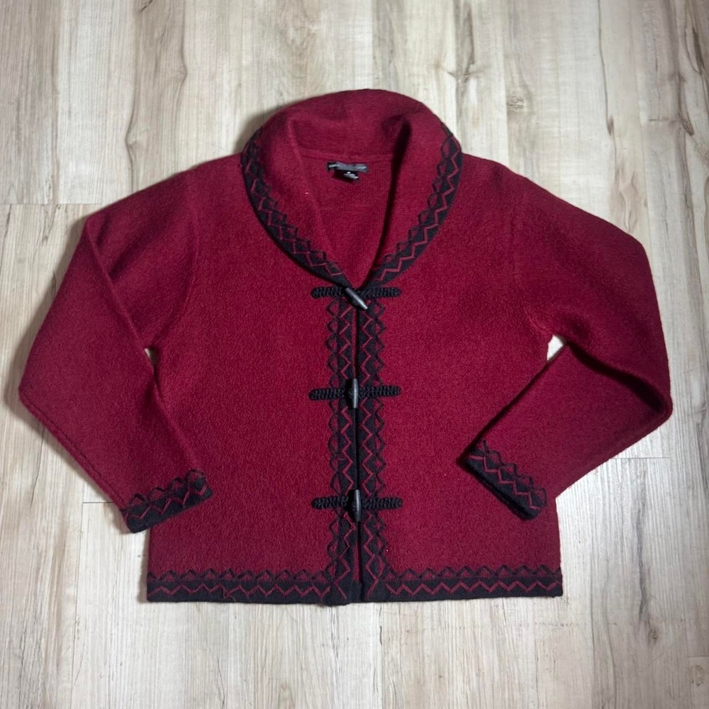 Sarah Spencer Vintage Wool Cardigan Sweater Burgundy Shawl Collar Toggle Red S